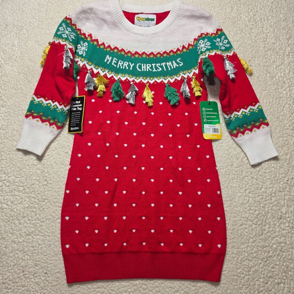Tipsy Elves Girls Youth Tassel Sweater Dress Red Merry Christmas Knit Large NWT